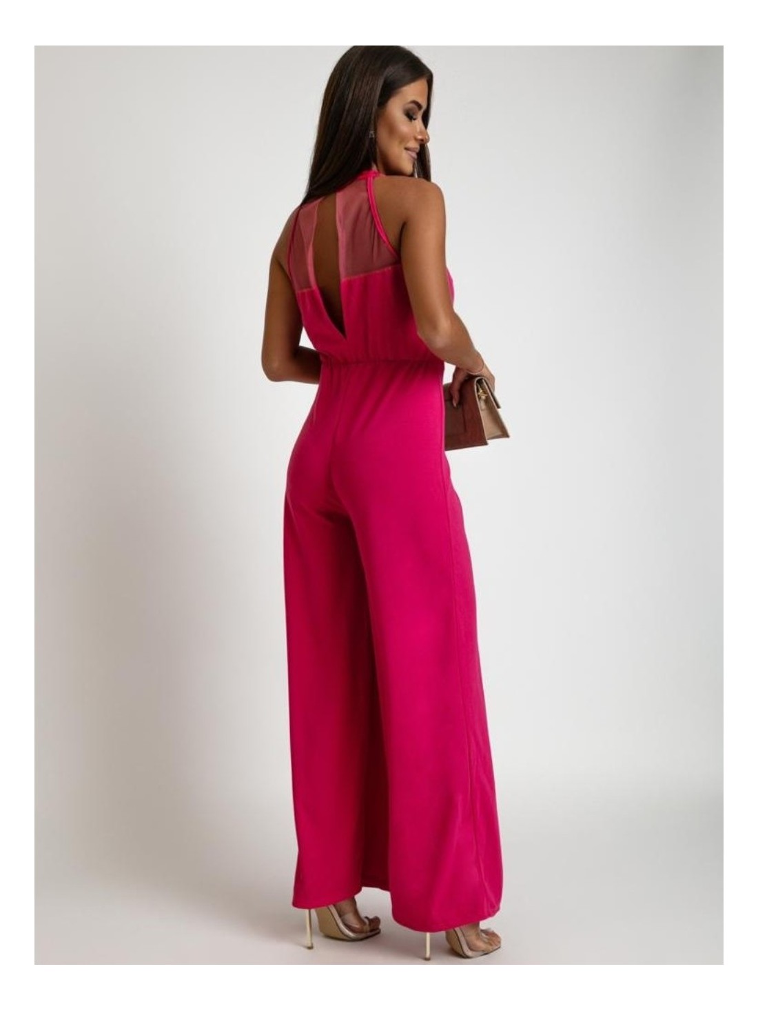 Jumpsuit with wide legs and a stand-up collar, dark pink AZR1582